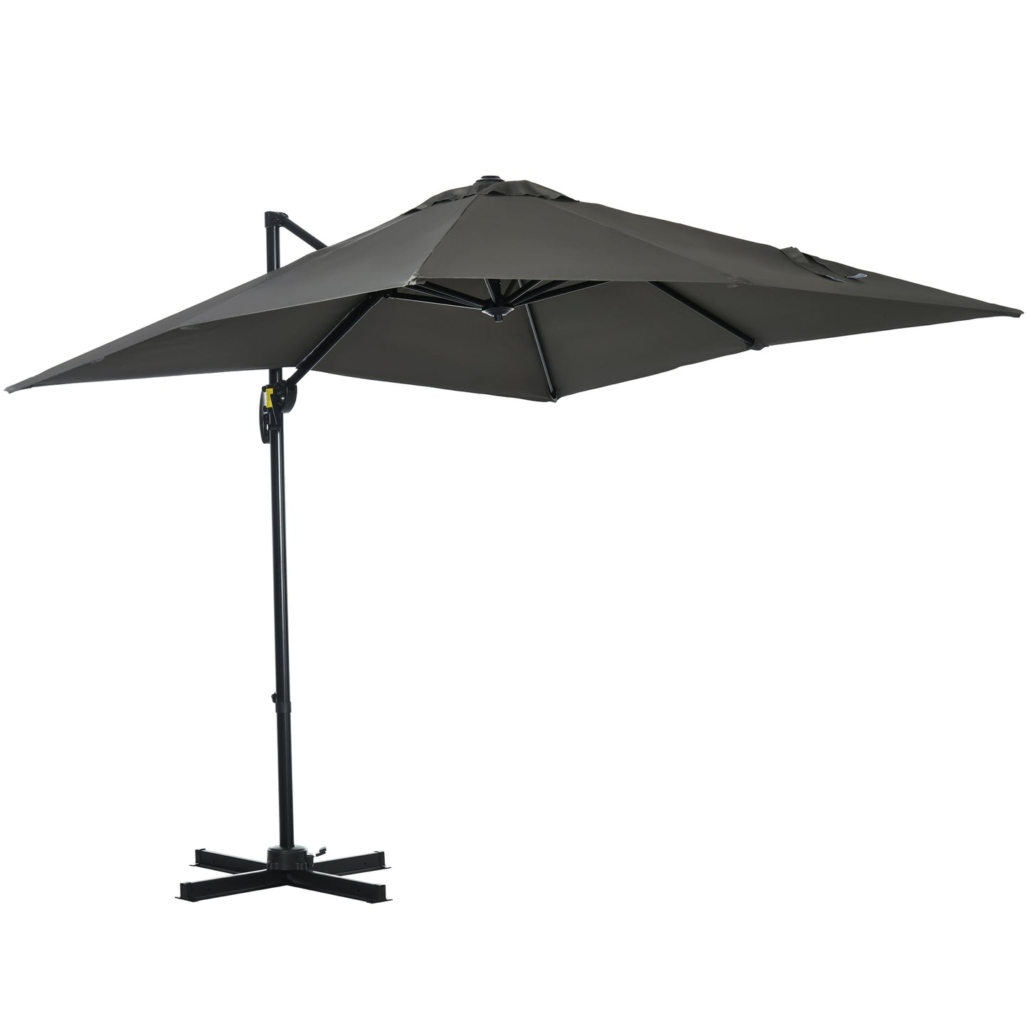 Black patio umbrella with stand on a white background