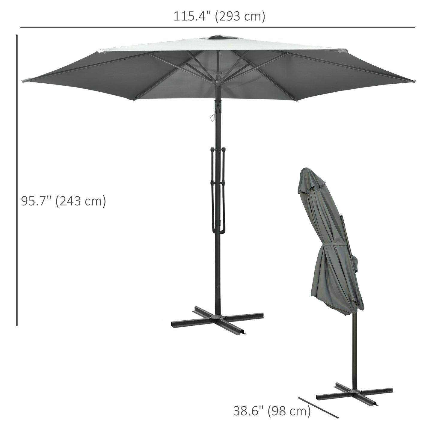Grey garden umbrella with measurement details on a white background