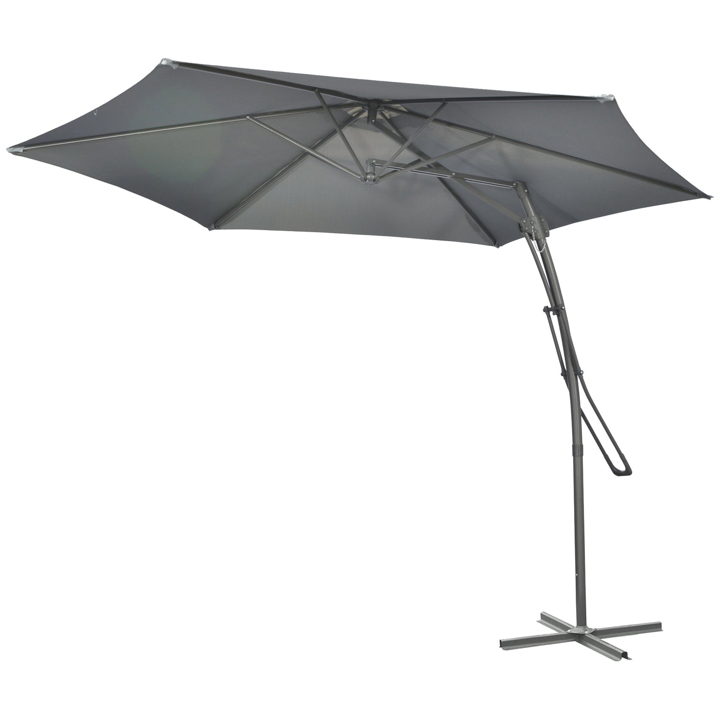 Grey garden umbrella with stand on a white background