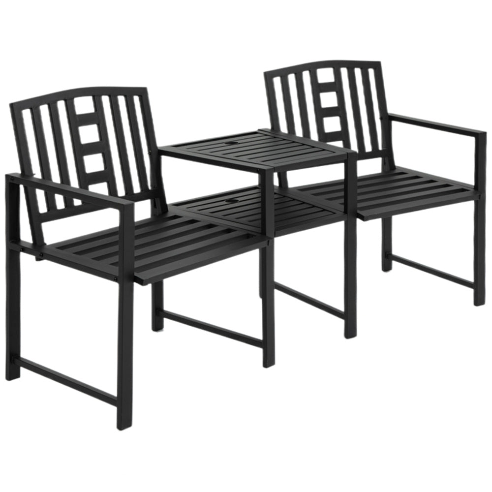 Grey metal outdoor furniture set with two chairs and a table on a white background