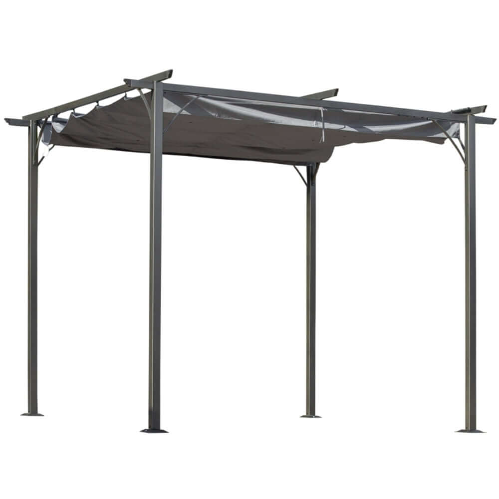 Grey metal pergola with a fabric canopy on a white background