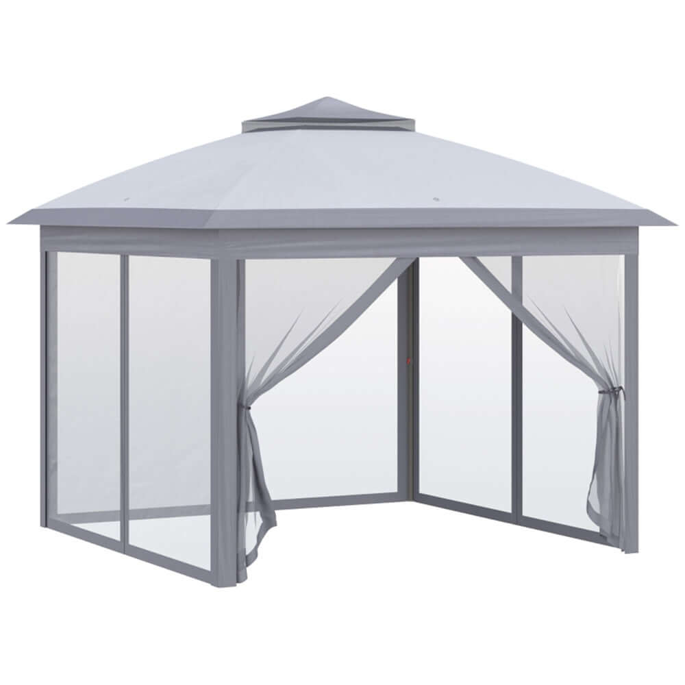 Grey outdoor canopy with mesh sides on a white background