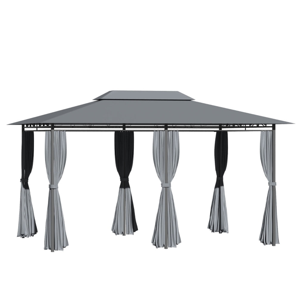 Grey outdoor gazebo with curtains on a white background