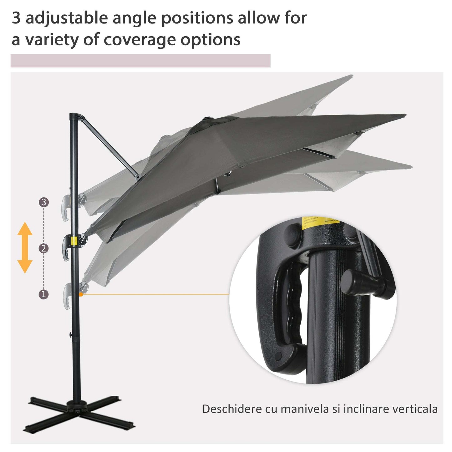 Grey outdoor umbrella with adjustable stand on a white background