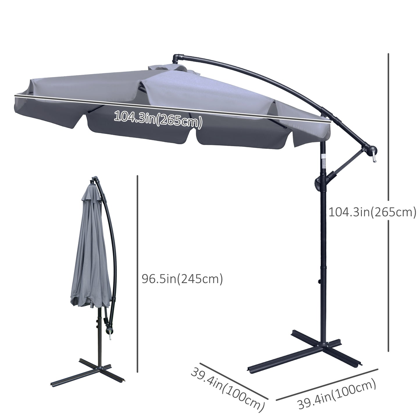 Grey outdoor umbrella with stand and measurements on a white background