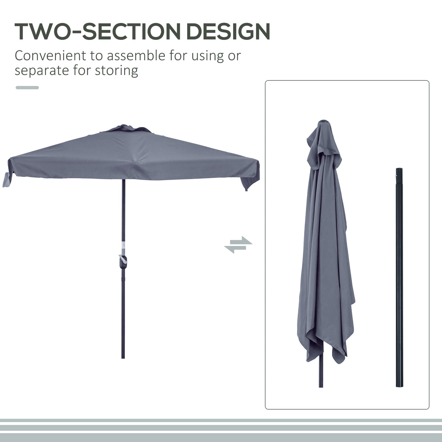 Grey outdoor umbrella with two-section design on a white background