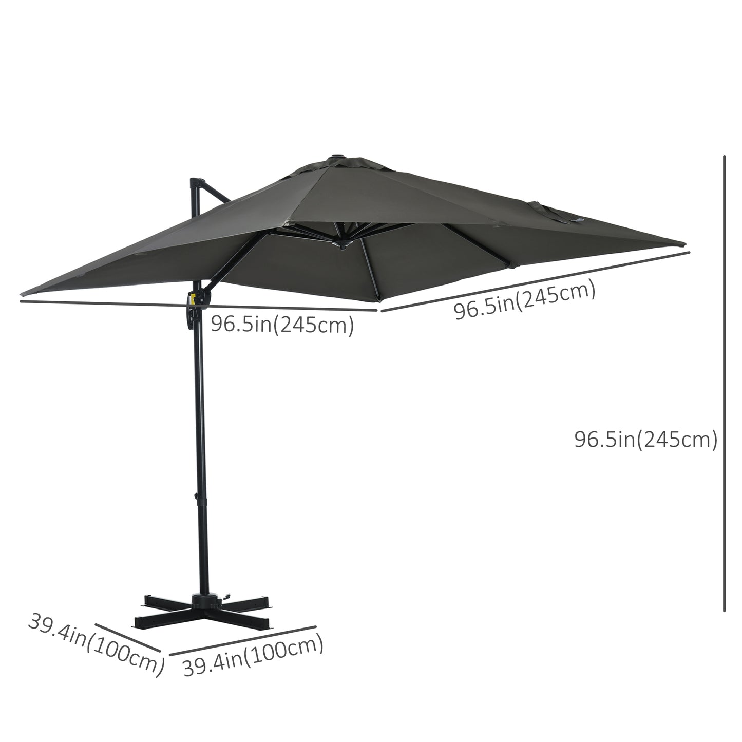 Black patio umbrella with measurement labels on a white background