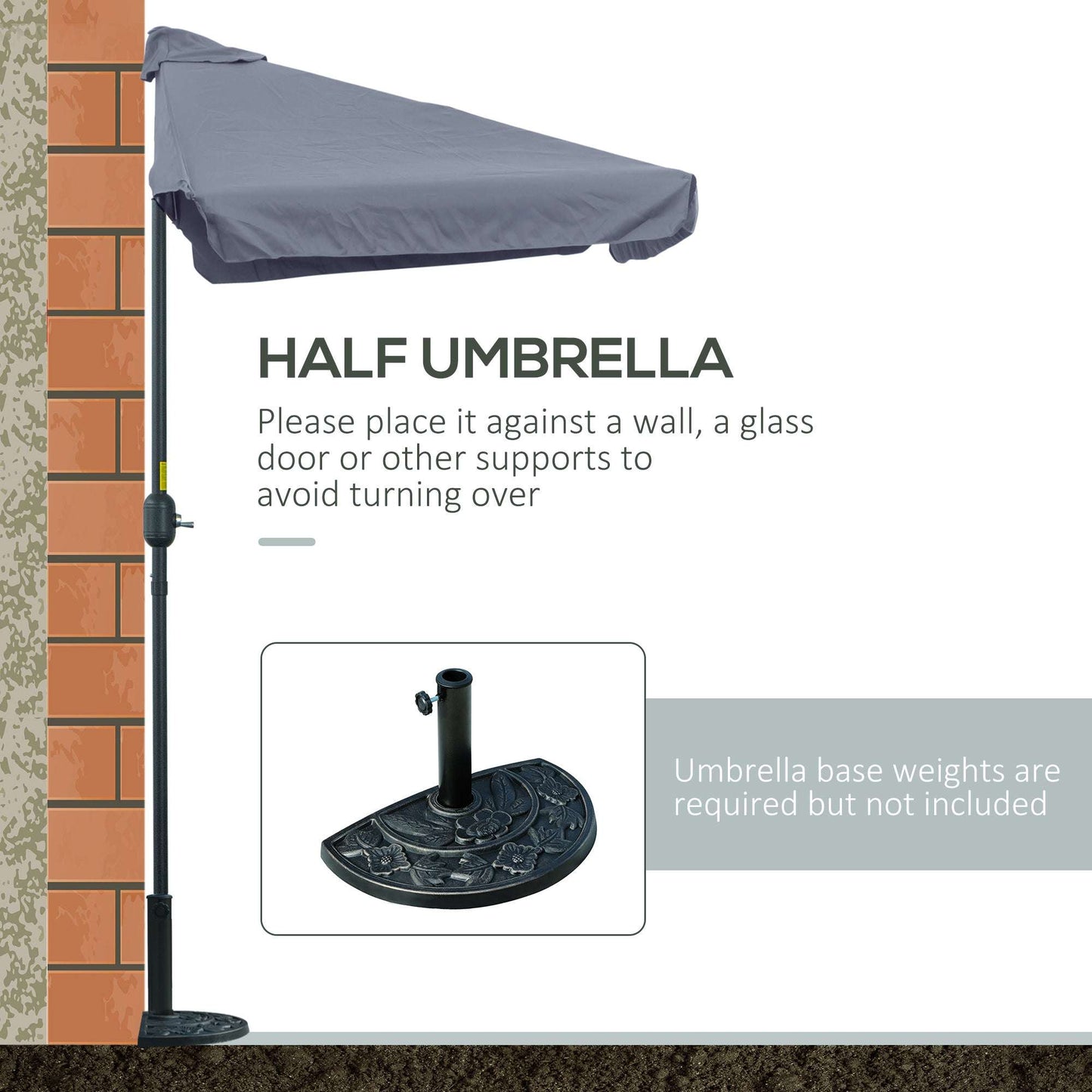 Half umbrella with base weights against a wall on a white background