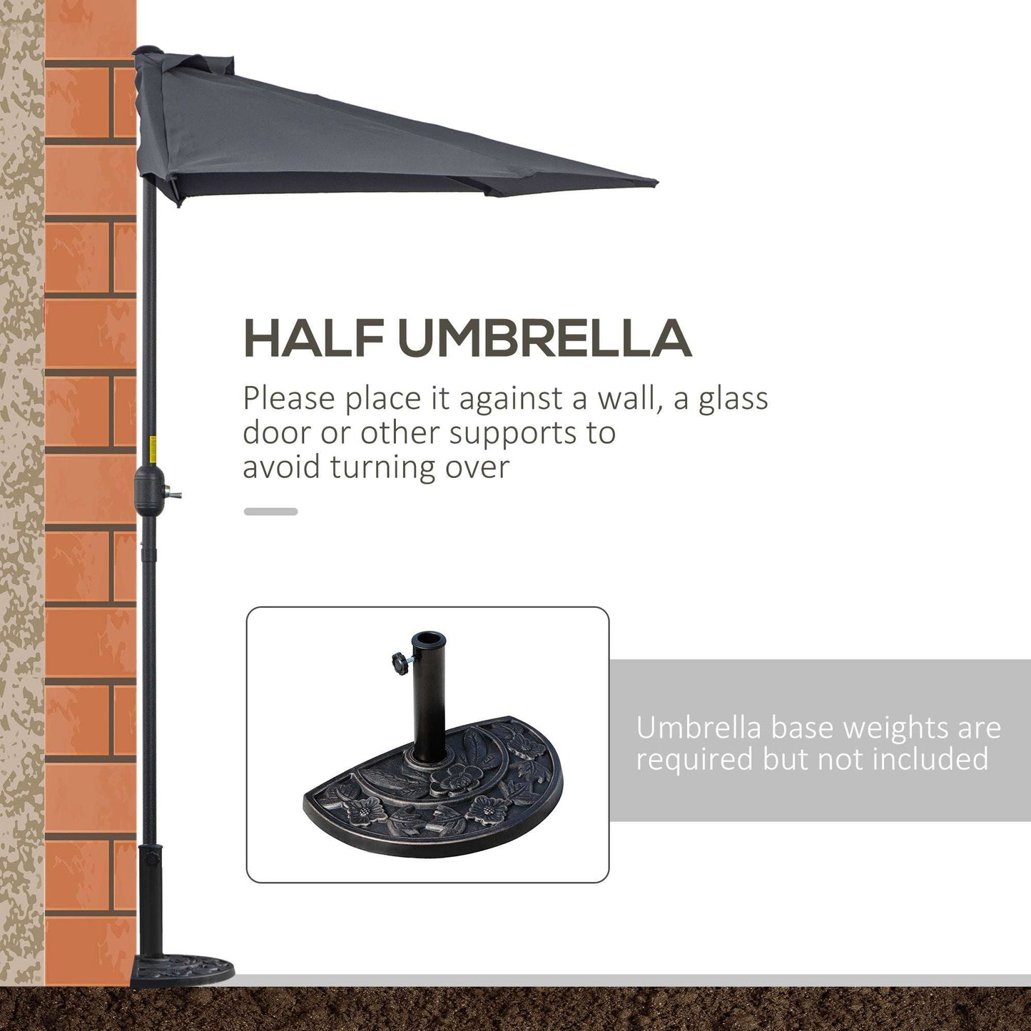 Half umbrella with stand against a wall on a white background