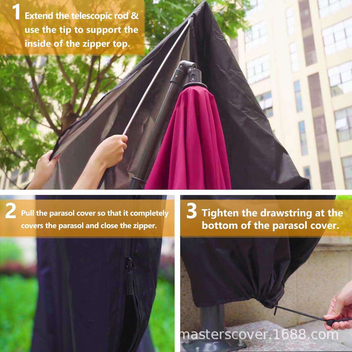 Instructions for using a parasol cover with a telescopic rod and zip, set against an outdoor background.