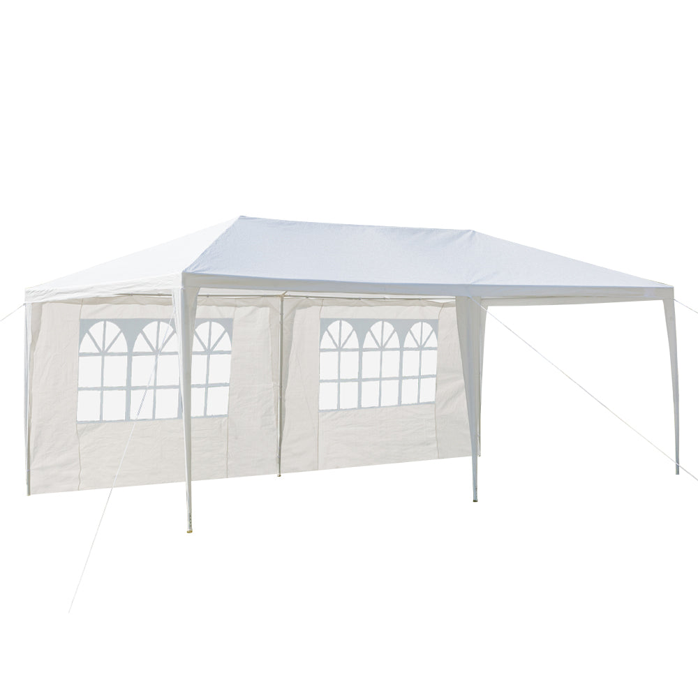 White outdoor canopy tent with side panels on a white background
