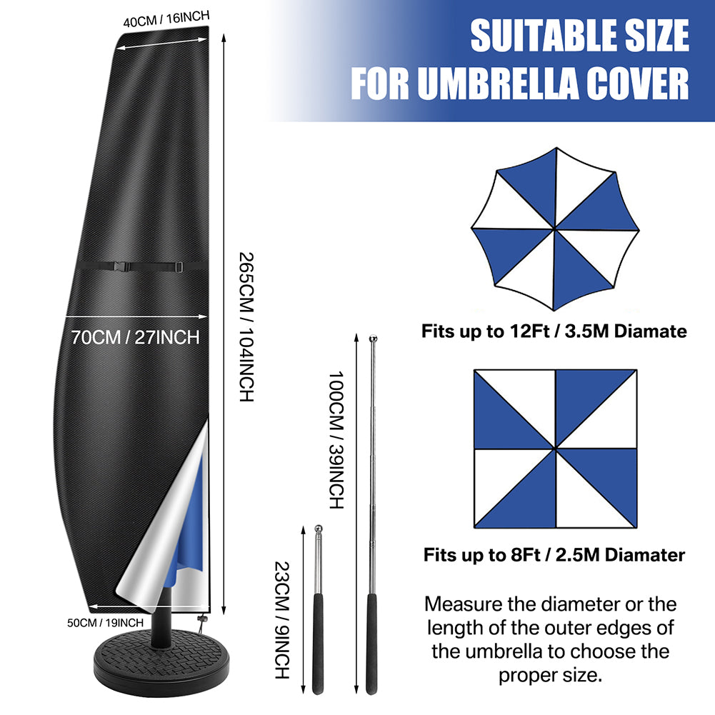 Measurement chart for umbrella cover size with black stand and blue and white umbrella illustration.