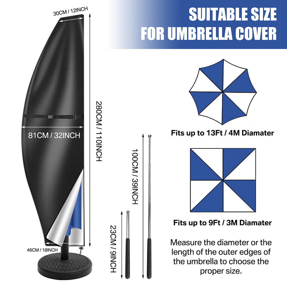 Measurement chart for umbrella cover size with black stand and blue and white umbrella illustration.