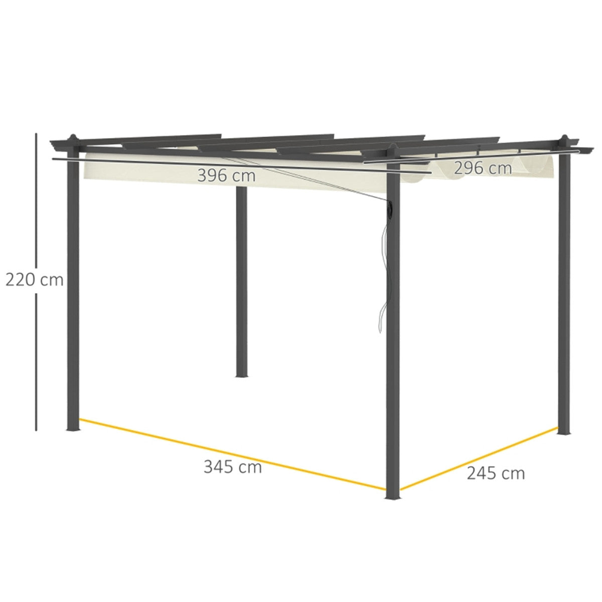 Measurement chart of a pergola structure with dimensions labeled.