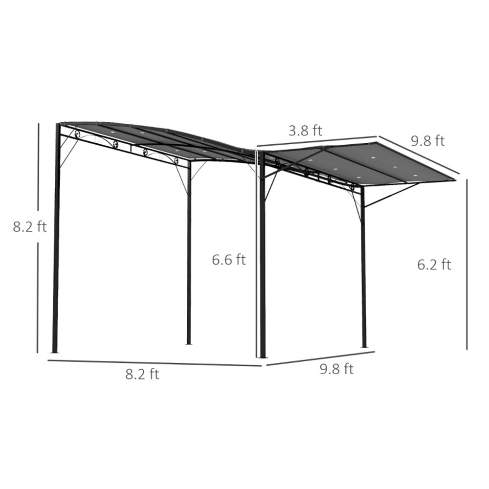 Measurement chart of a carport structure with dimensions labeled.