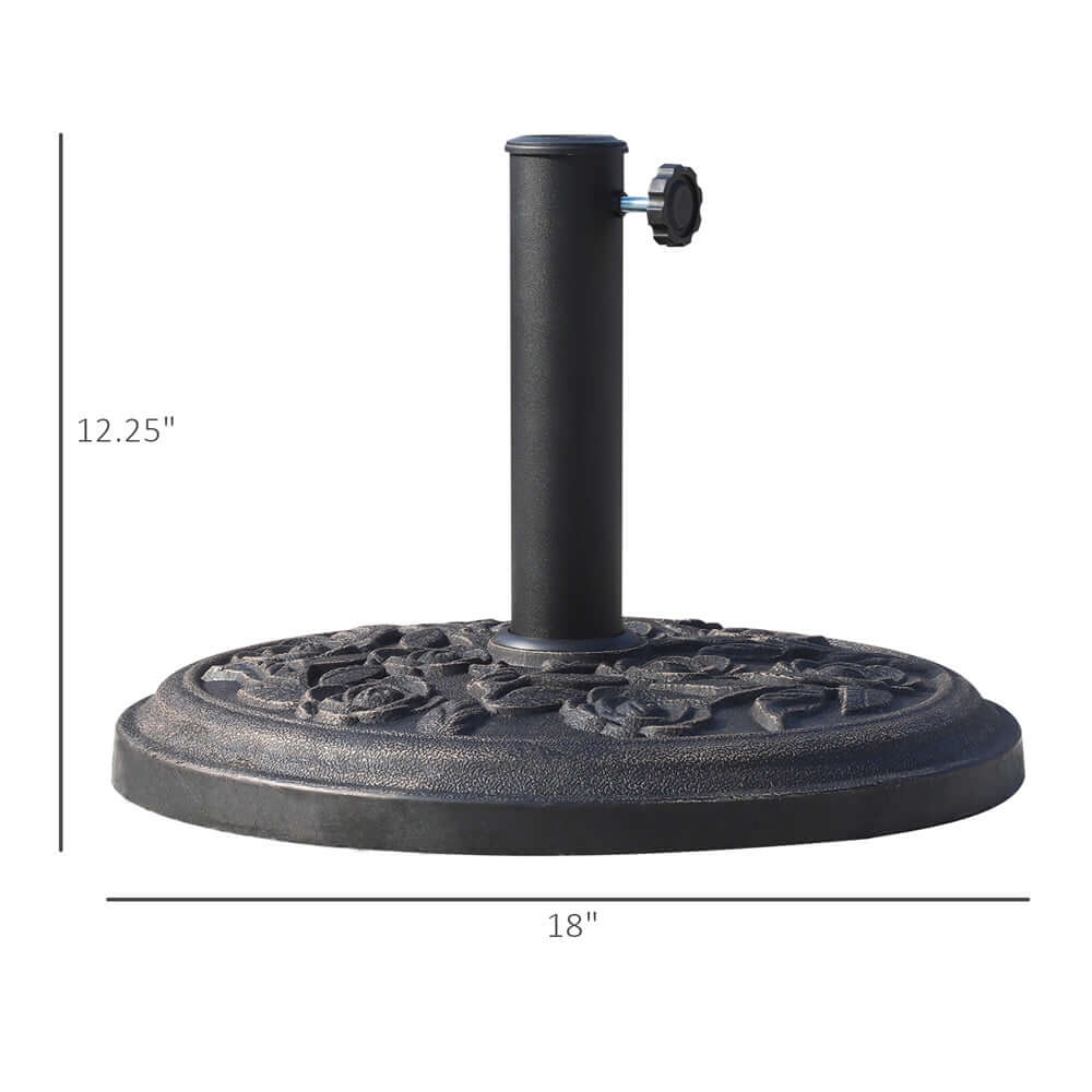 Black metal umbrella stand with decorative base on a white background