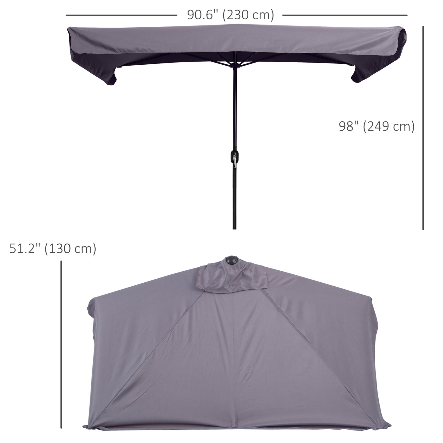 Grey patio umbrella with measurements on a white background