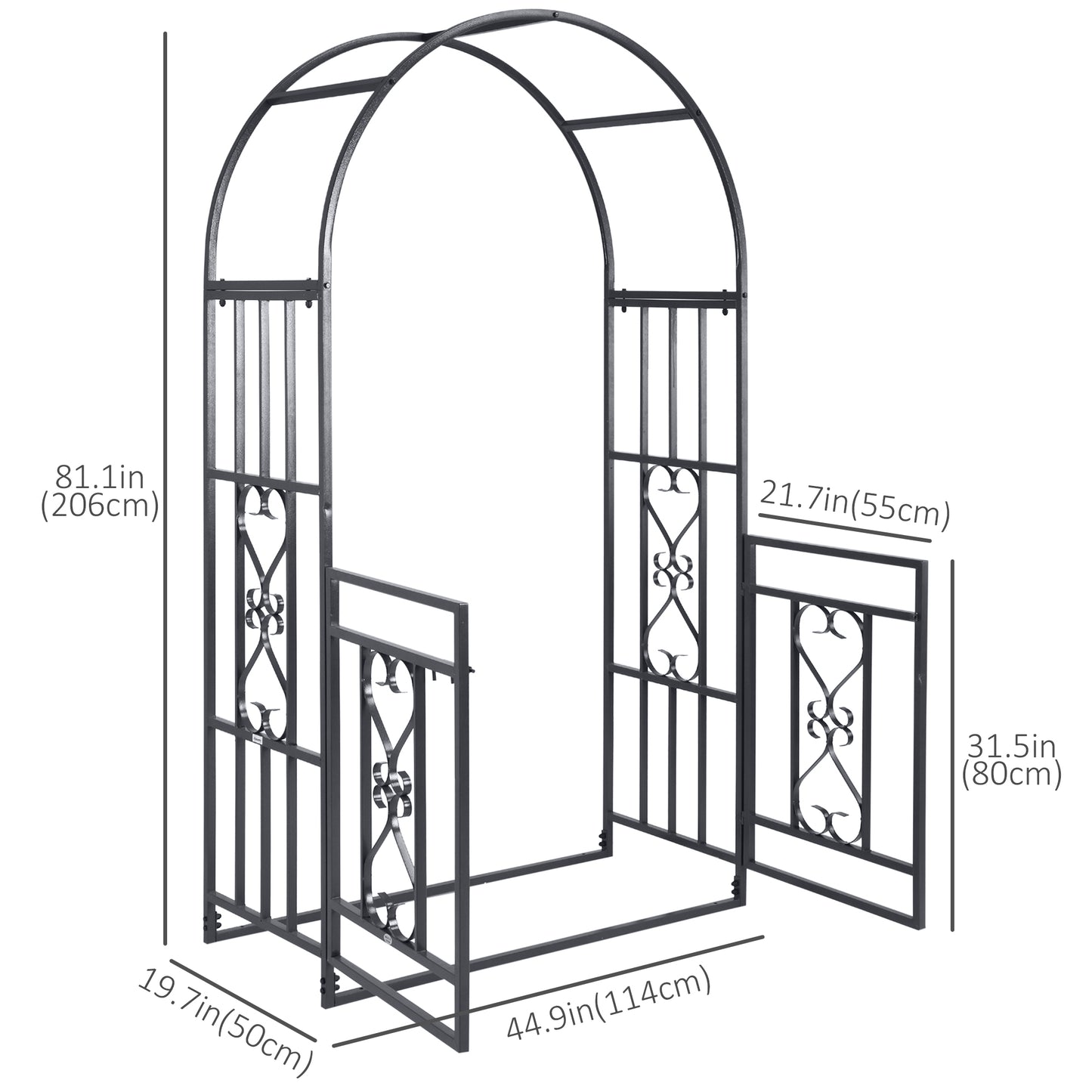 Metal garden arch with dimensions indicated on a white background