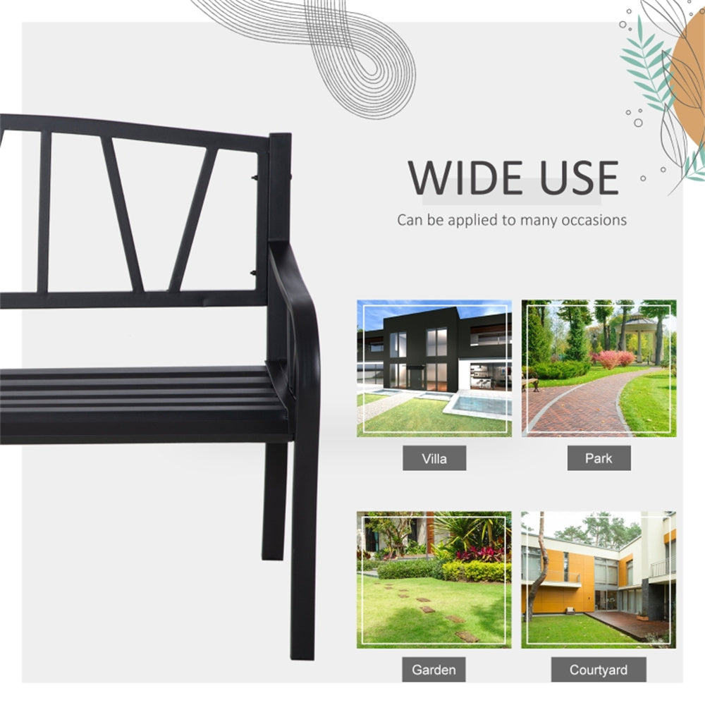 Black metal bench with images of a villa, park, garden, and courtyard on a white background.