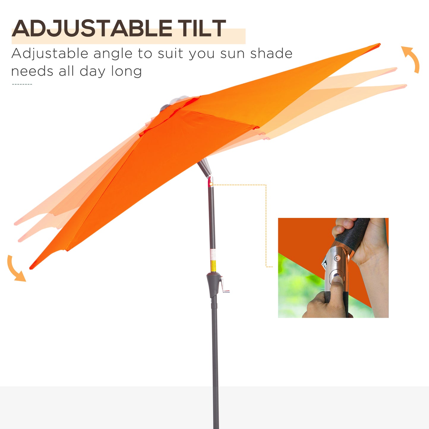 Orange patio umbrella with adjustable tilt feature on a white background