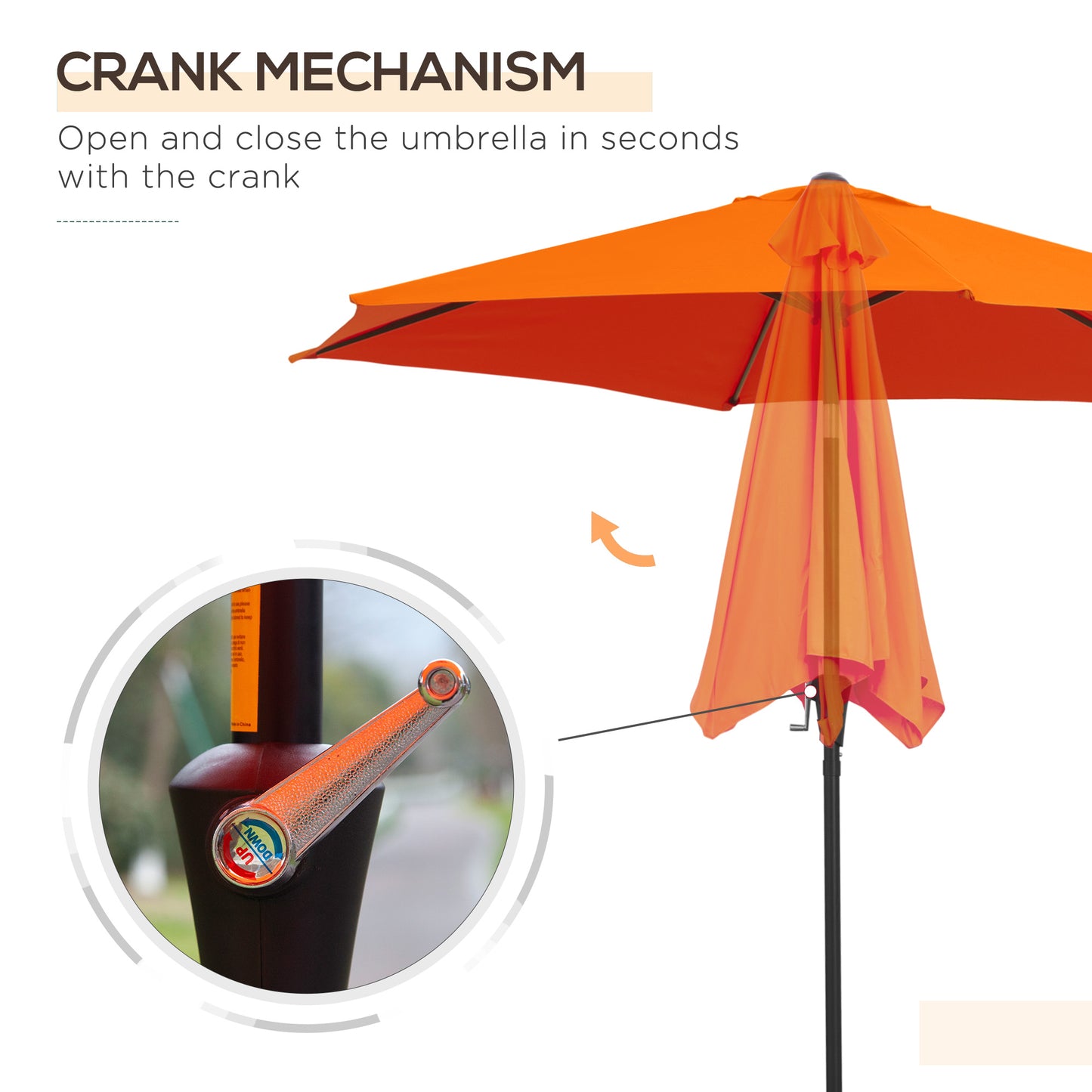 Orange patio umbrella with crank mechanism on a white background