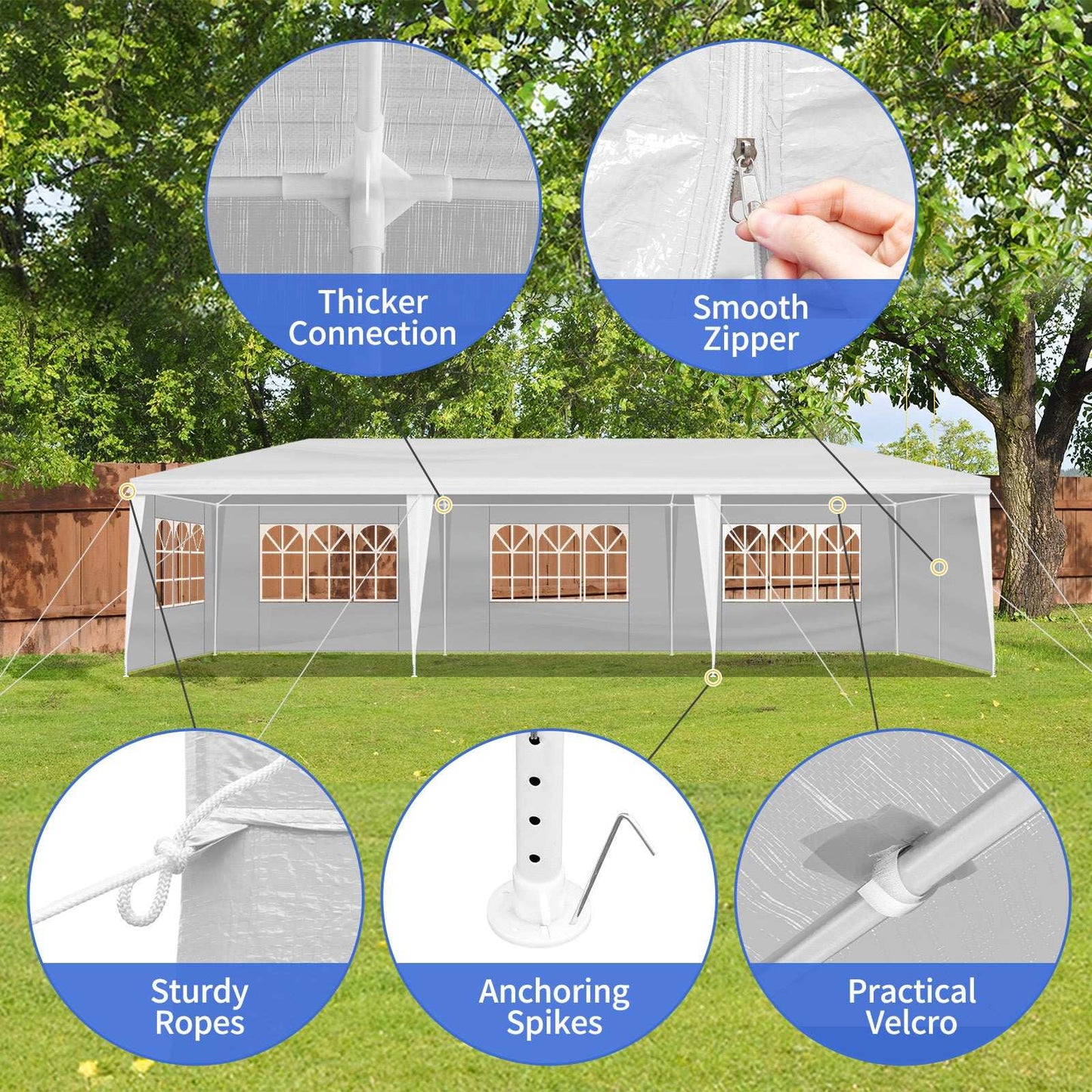 Outdoor canopy tent with detailed features highlighted on a natural background