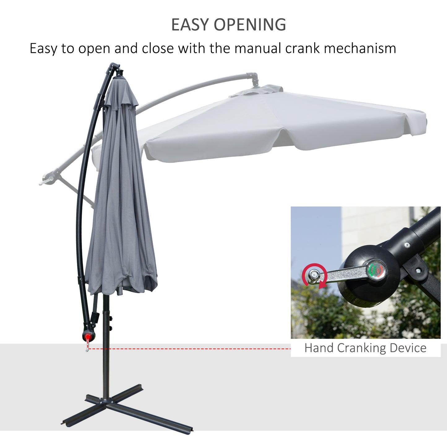 Outdoor umbrella with manual crank mechanism on a white background