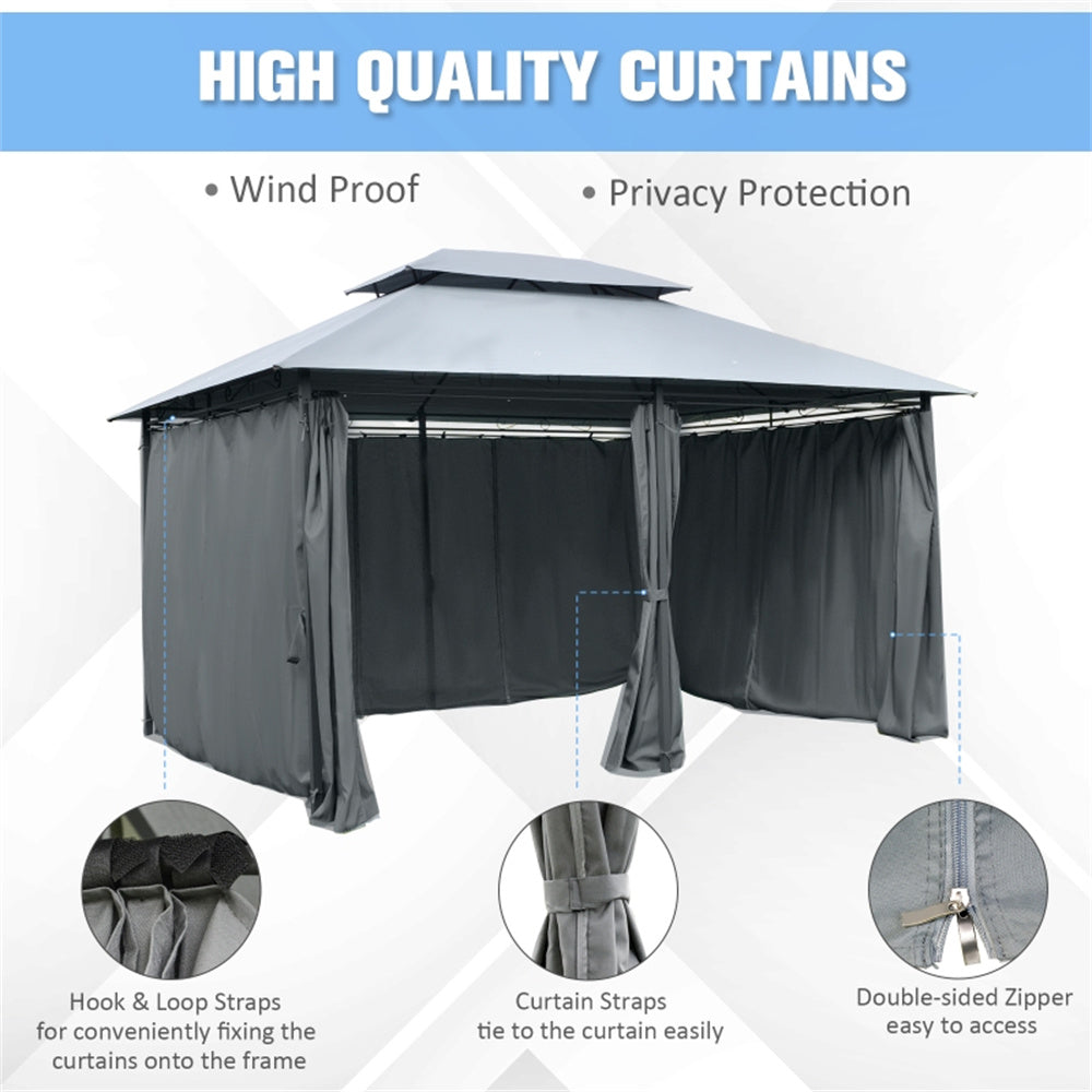 Outdoor gazebo with curtains featuring wind proof and privacy protection features.