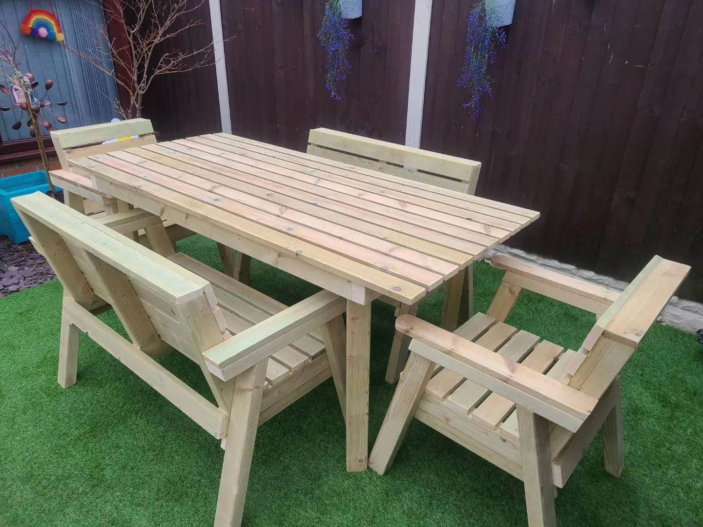 180cm Wooden Garden Table Set with 2 Chairs and 2 Benches