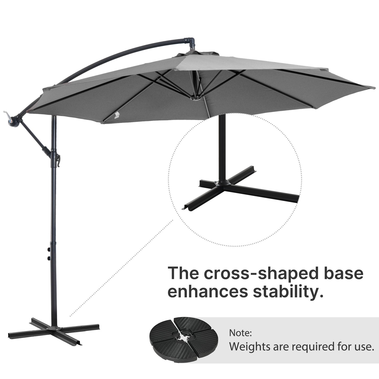Gray outdoor umbrella with cross-shaped base on a white background