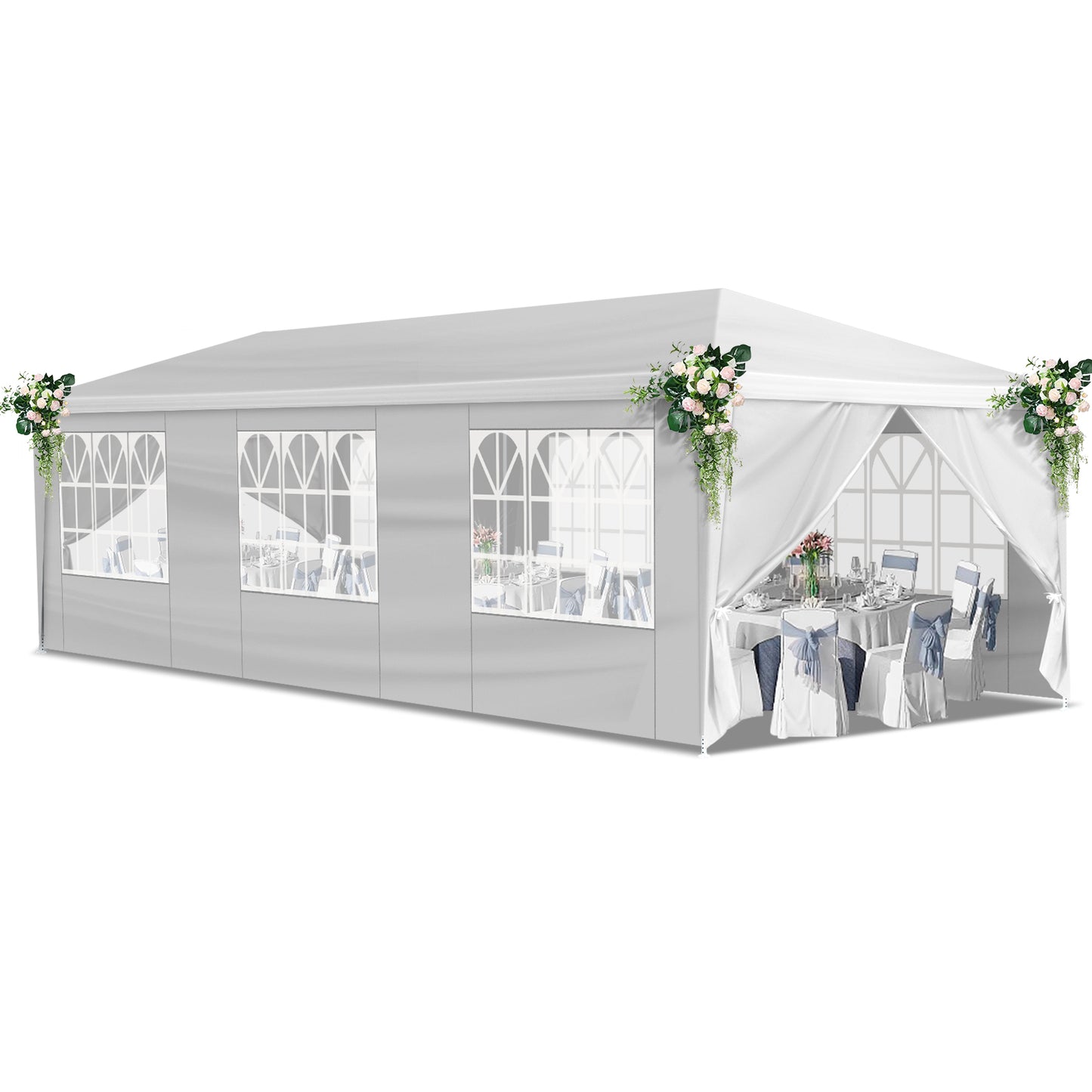Party tent with white walls and floral decorations on a white background
