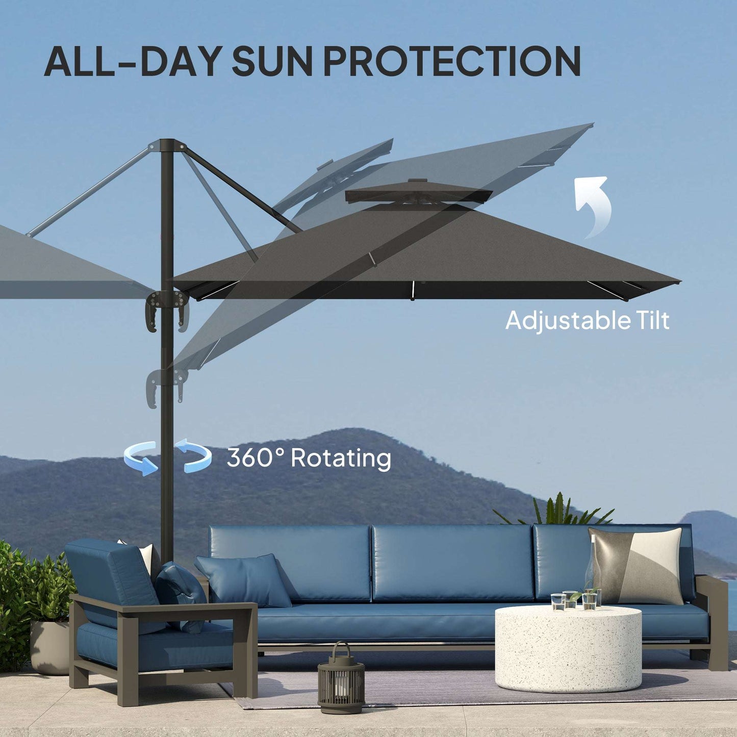 Patio umbrella with adjustable tilt and 360-degree rotation feature, over a blue outdoor sofa set.