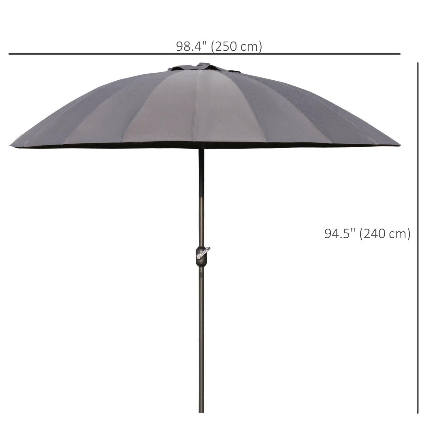 Grey patio umbrella with measurements on a white background