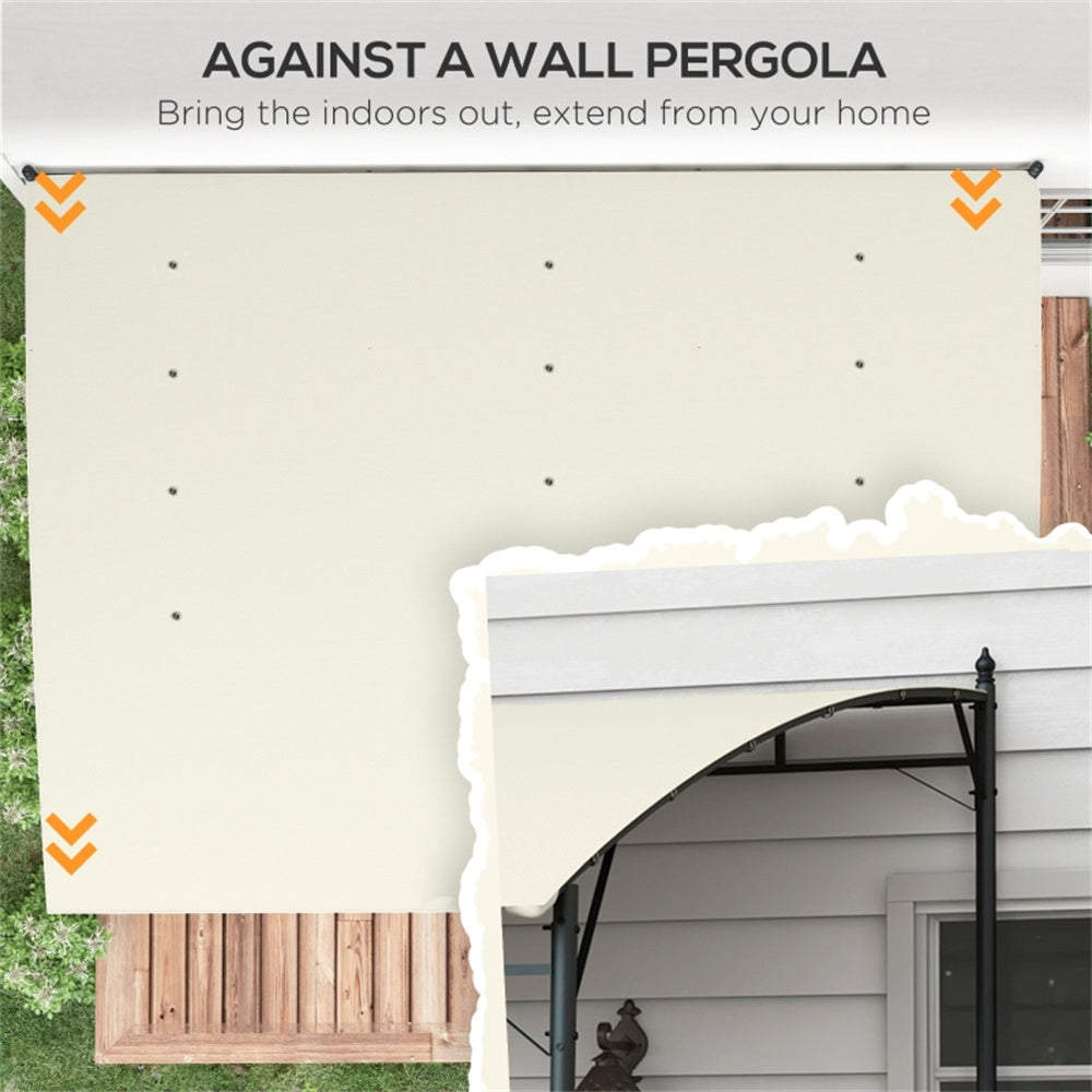 Pergola with a wall-mounted canopy extending from a house, with text indicating it can bring the indoors out.