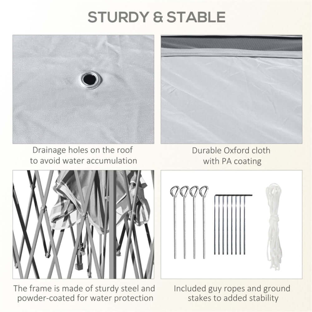 Product features including drainage holes, durable fabric, steel frame, and included guy ropes on a beige background.