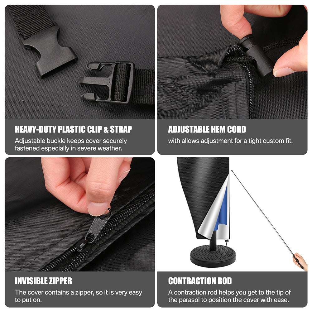 Product features of a black umbrella cover with clip, strap, hem cord, zipper, and contraction rod.