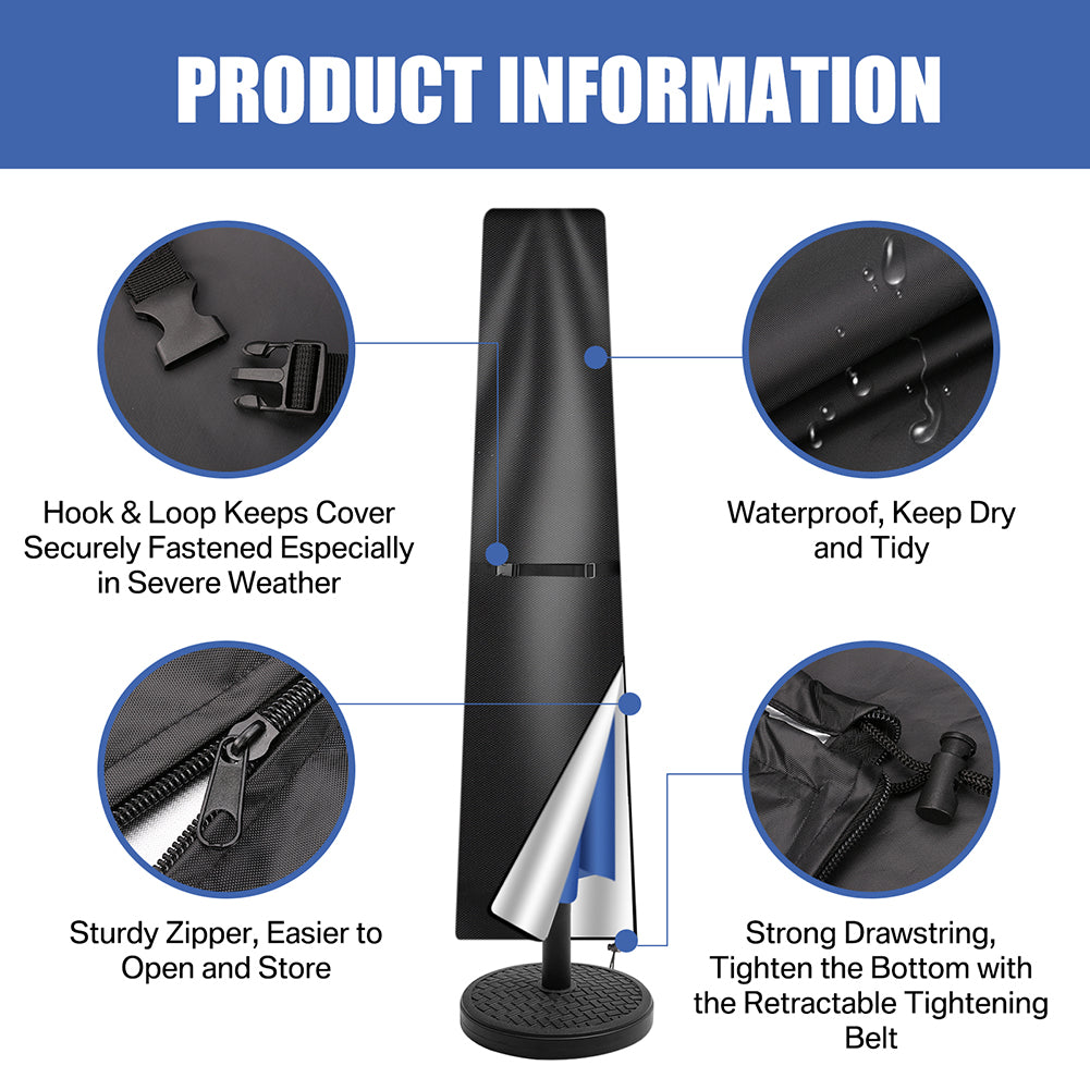 Product information graphic for a black outdoor umbrella cover with features highlighted.
