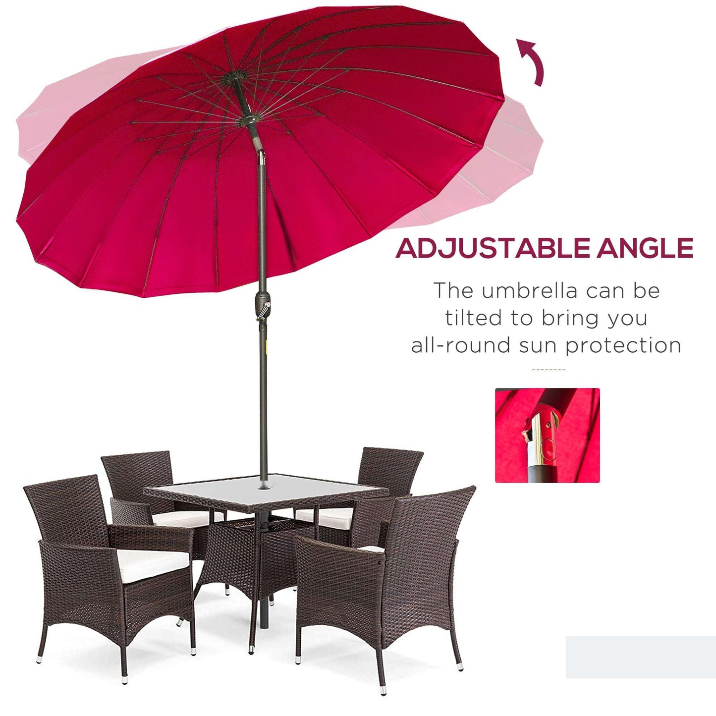 Red patio umbrella with adjustable angle feature over a dining set on a white background