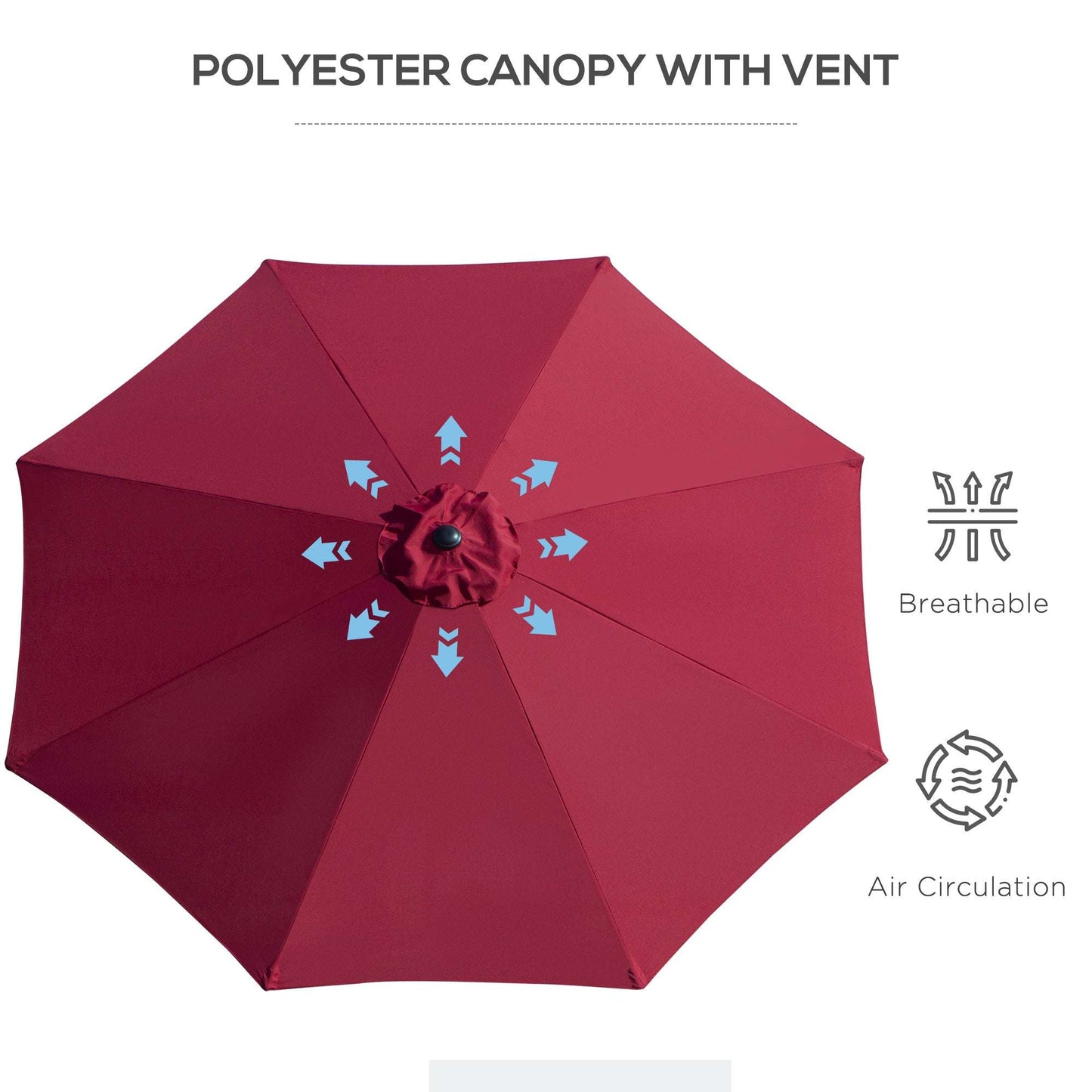 Red patio umbrella with breathable and air circulation features on a white background