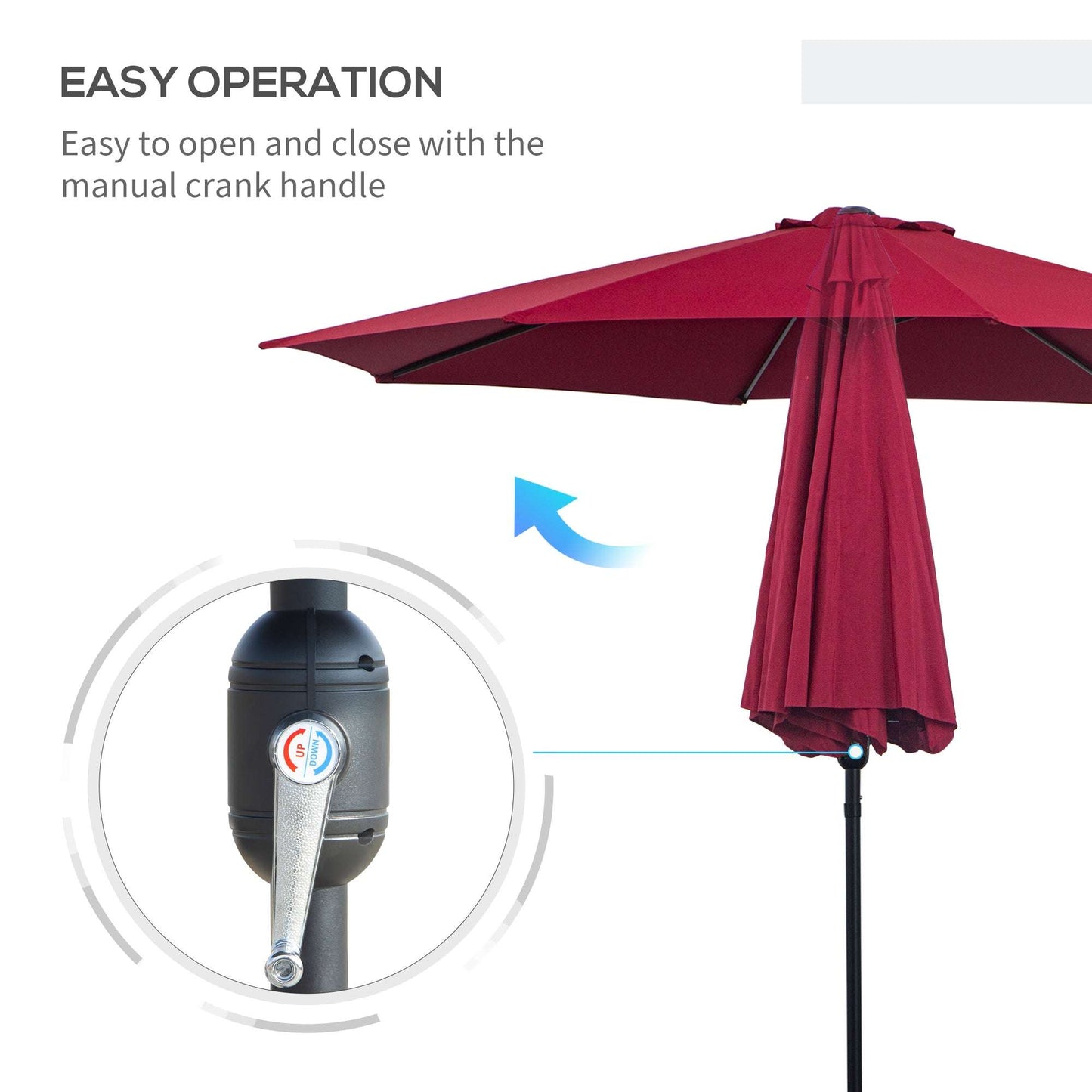 Red patio umbrella with manual crank handle on a white background
