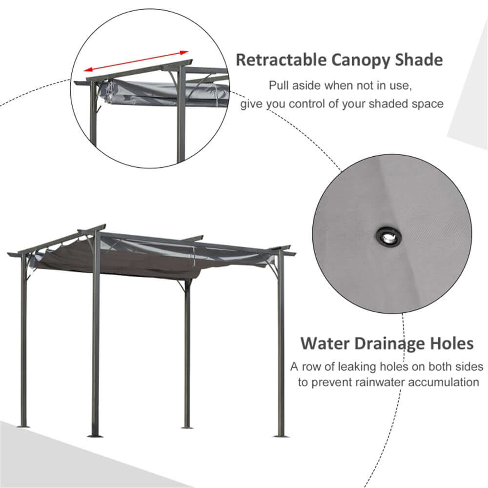 Retractable canopy shade with water drainage holes on a white background