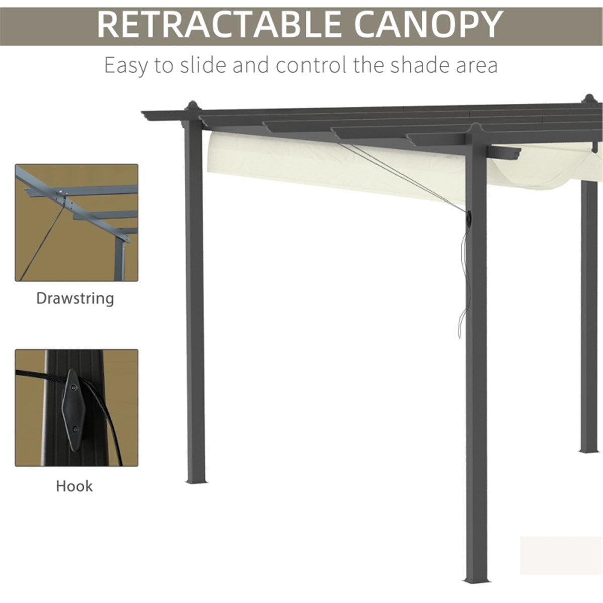 Retractable canopy with drawstring and hook illustration on a white background