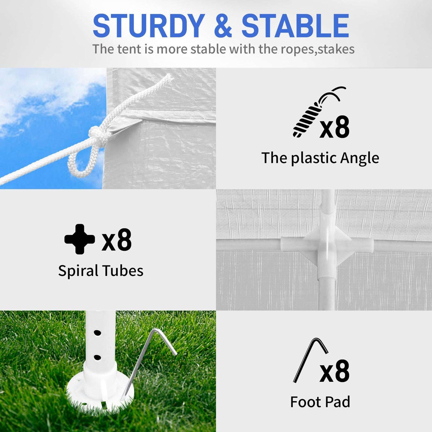 Stable tent setup with ropes, stakes, plastic angles, spiral tubes, and foot pads on a white background.