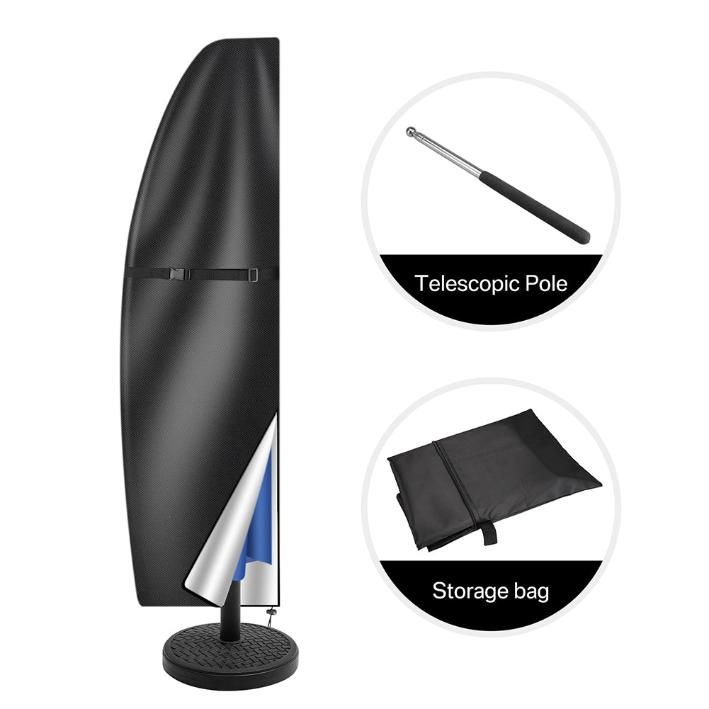 Black outdoor umbrella with telescopic pole and storage bag on a white background