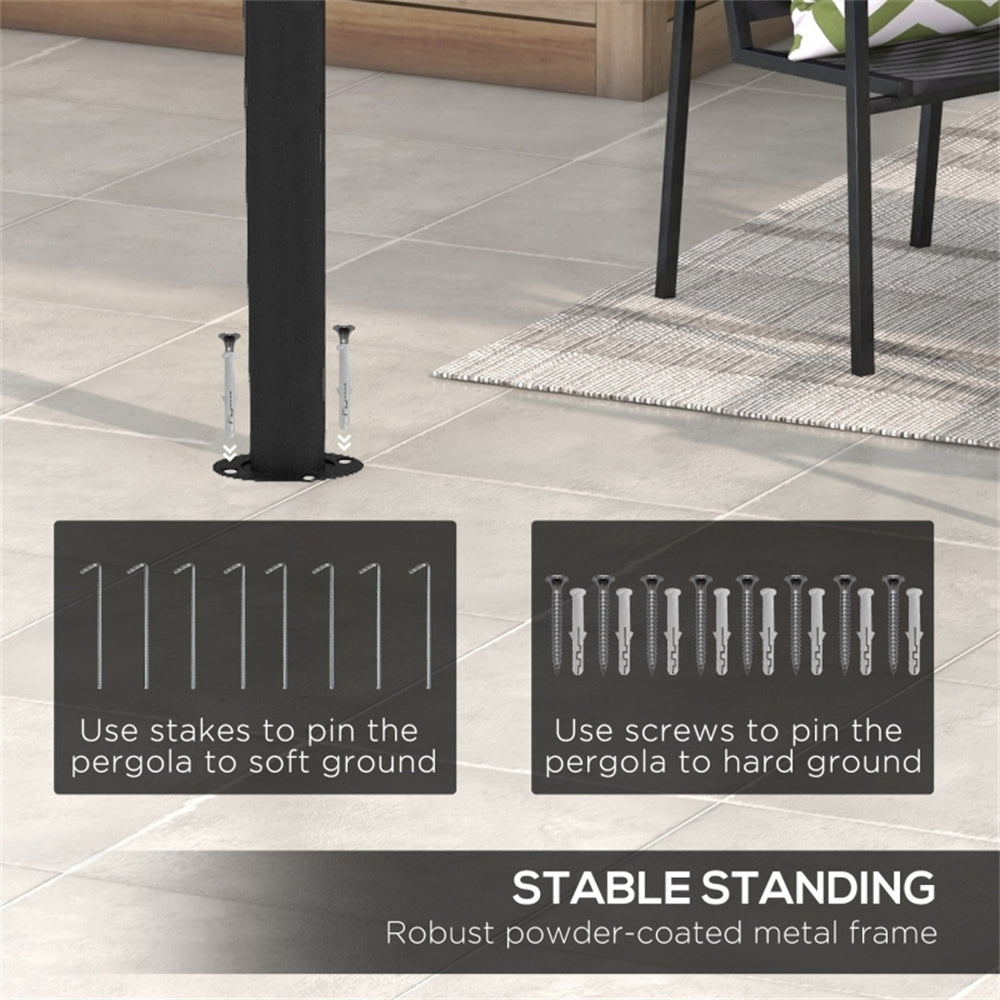 Pergola support system with stakes and screws on a tiled floor.