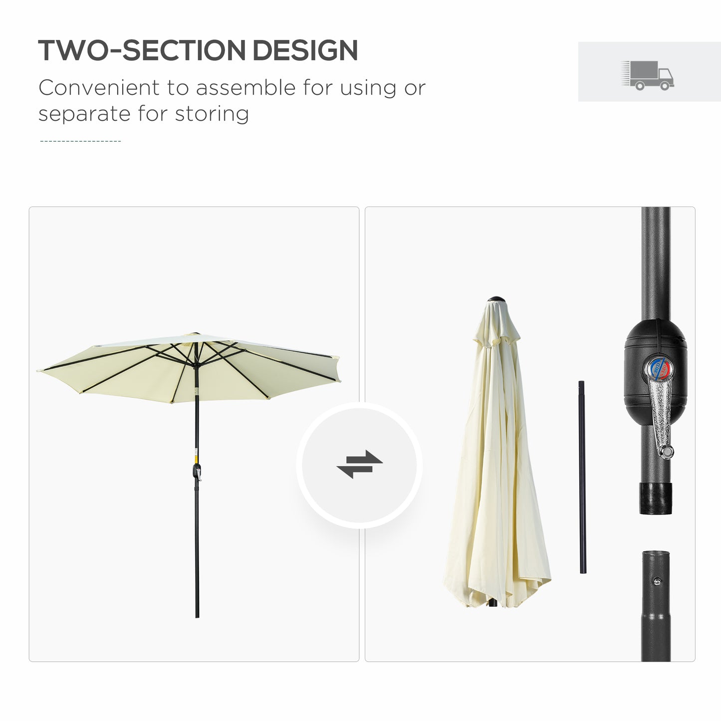 Two-section design outdoor umbrella with components on a white background