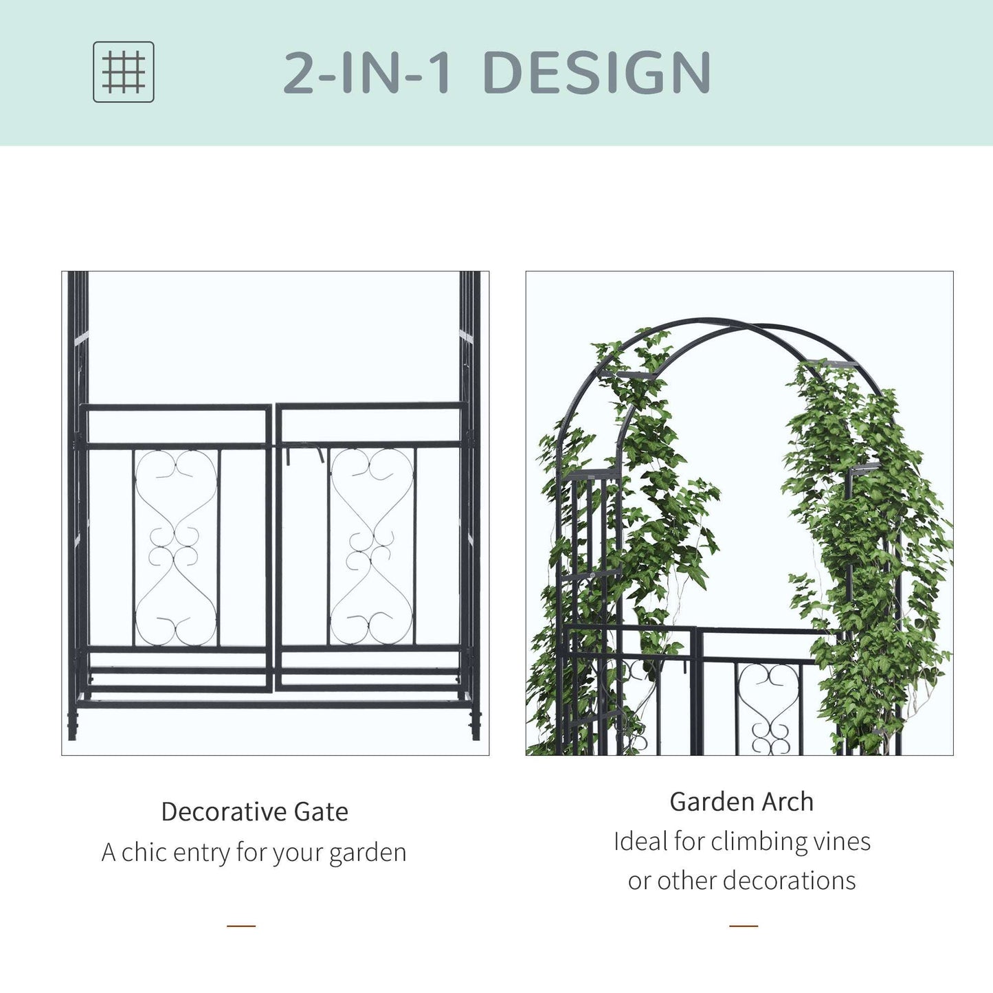 Two garden structures labeled 'Decorative Gate' and 'Garden Arch' with text indicating a 2-in-1 design.