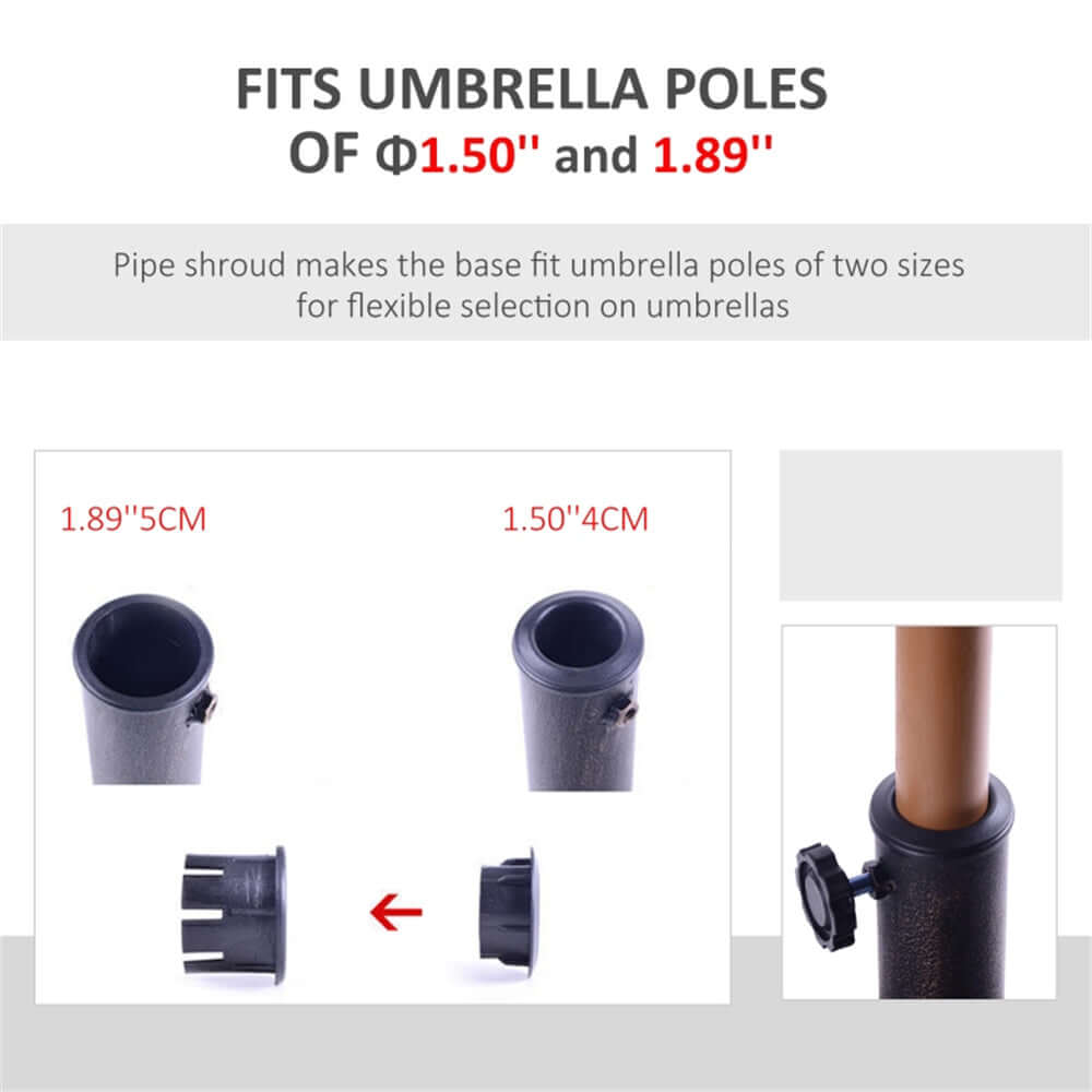 Umbrella pole adapter with size specifications and usage instructions on a white background.