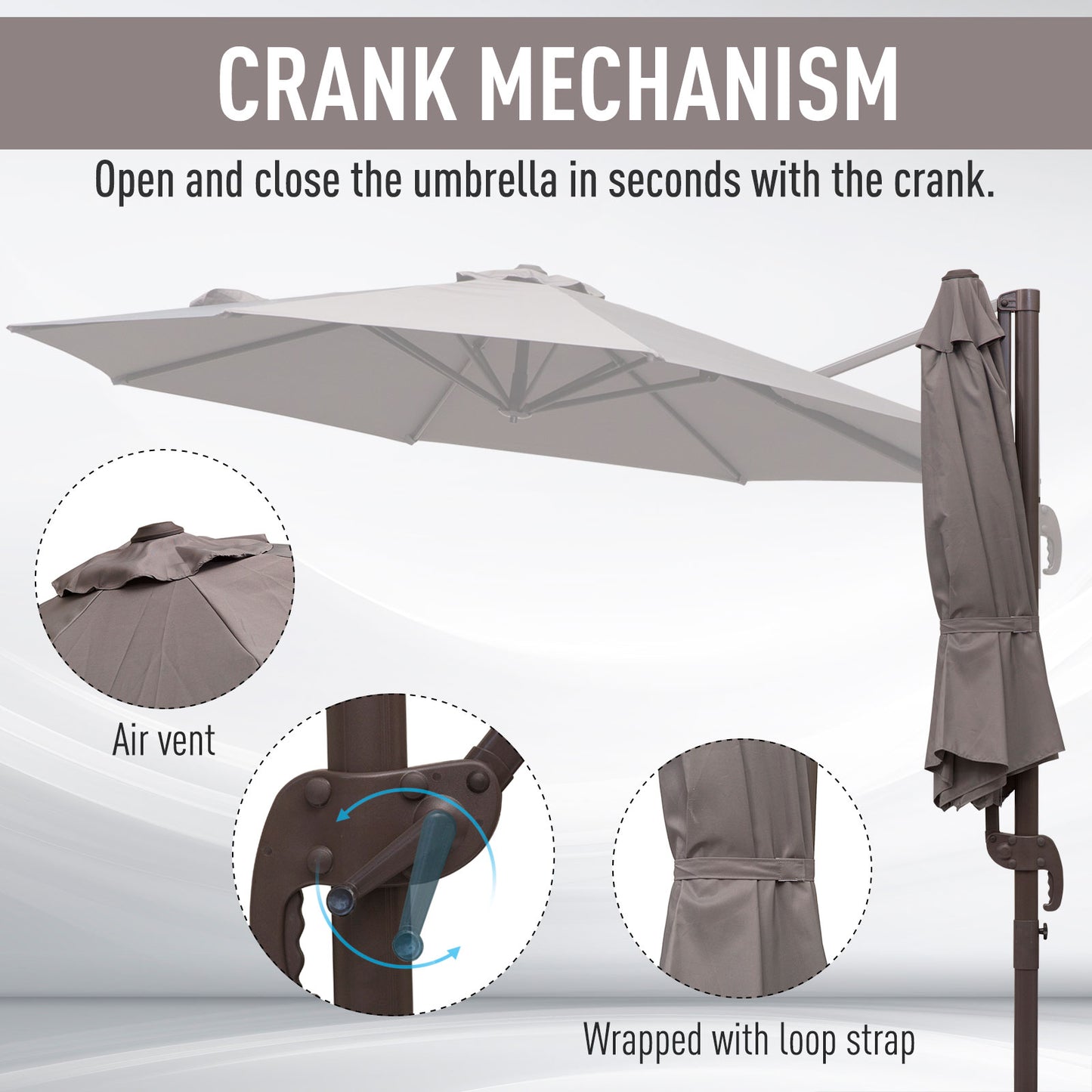 Umbrella with crank mechanism and air vent details on a grey background