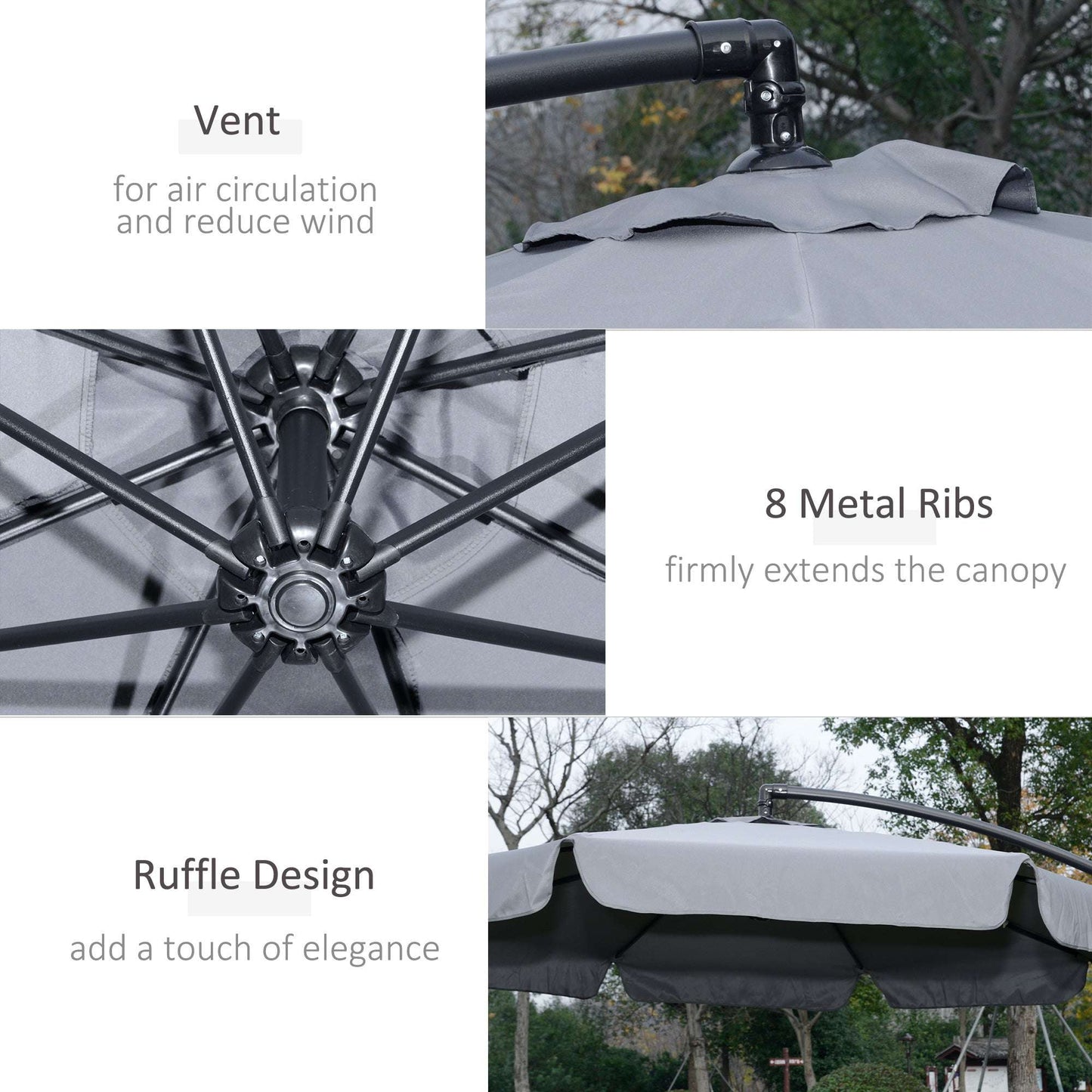 Umbrella with features highlighted: vent, metal ribs, and ruffle design.